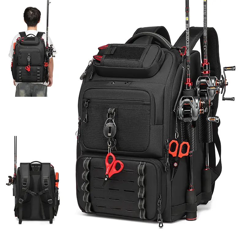 Waterproof Large Capacity Fishing Versatile Tackle Backpack With Double Rod Holders Multi Pockets Outdoor Lure Fishing Storage Bag For Bank Lake River Fishing