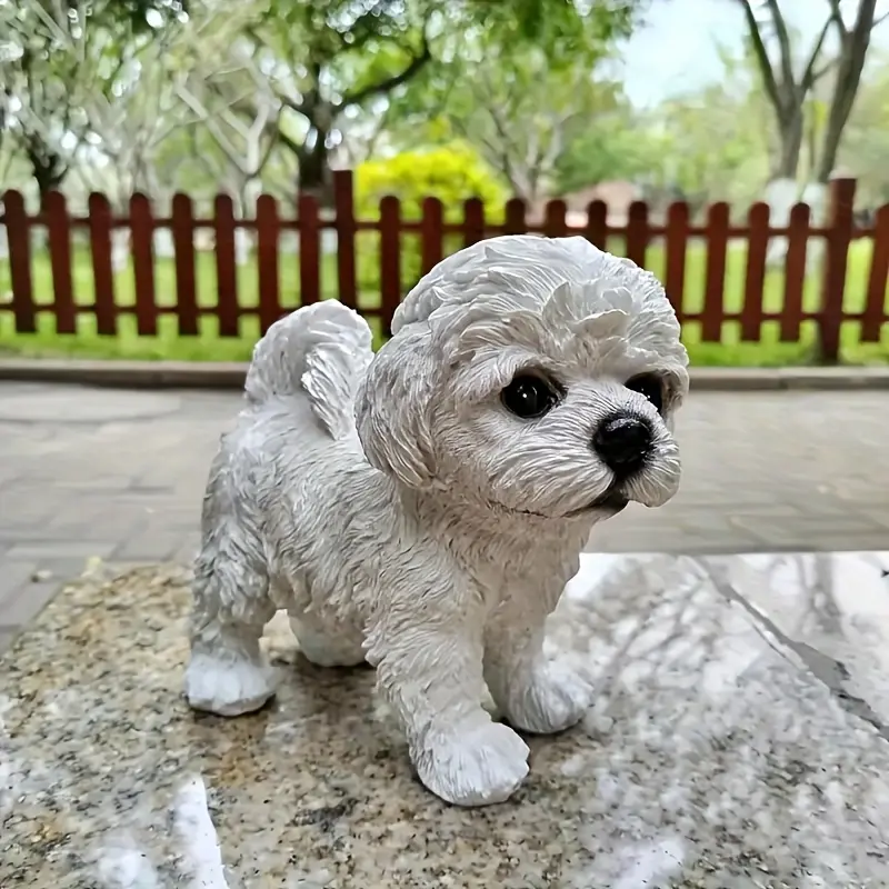 Art Deco Resin Teddy Dog Statue - White/Brown Puppy Craft, Without Battery, Indoor/Outdoor Home Decor Accessory, Tabletop Mount, Ideal Gift for Children, Animal