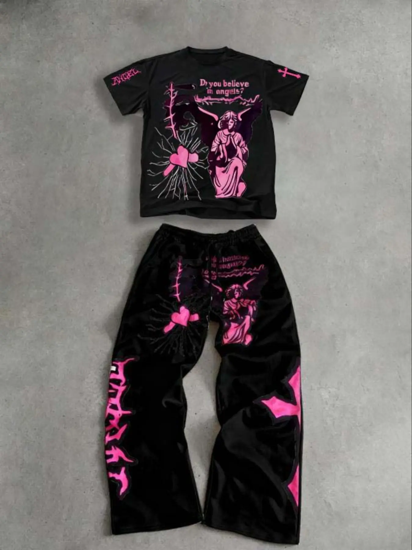 Men's Gothic Angel Print 2 Piece, Y2K Streetwear Oversized T-Shirt & Wide Leg Pants, Punk Graphic Tracksuit, Casual Summer Hip Hop Set, Gothic Clothes, Menswear, Pants Set Outfit