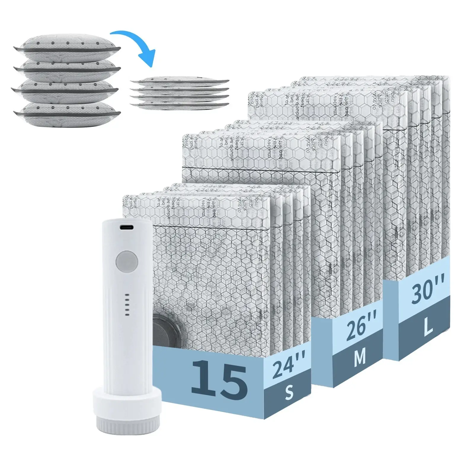 Cordless Travel Vacuum Bag Set - 15 Pack Vacuum Storage Bags with Electric Pump, Space Saver Bags Compression for Comforters and Blankets, Sealer Clothes Storage Travel Essentials