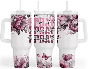 Christian Gifts for Women, 40 oz Stainless Steel Travel Tumbler with Handle Lid Straw, Birthday Gift for Mom, Friend, Religious Inspirational (Pray On It)