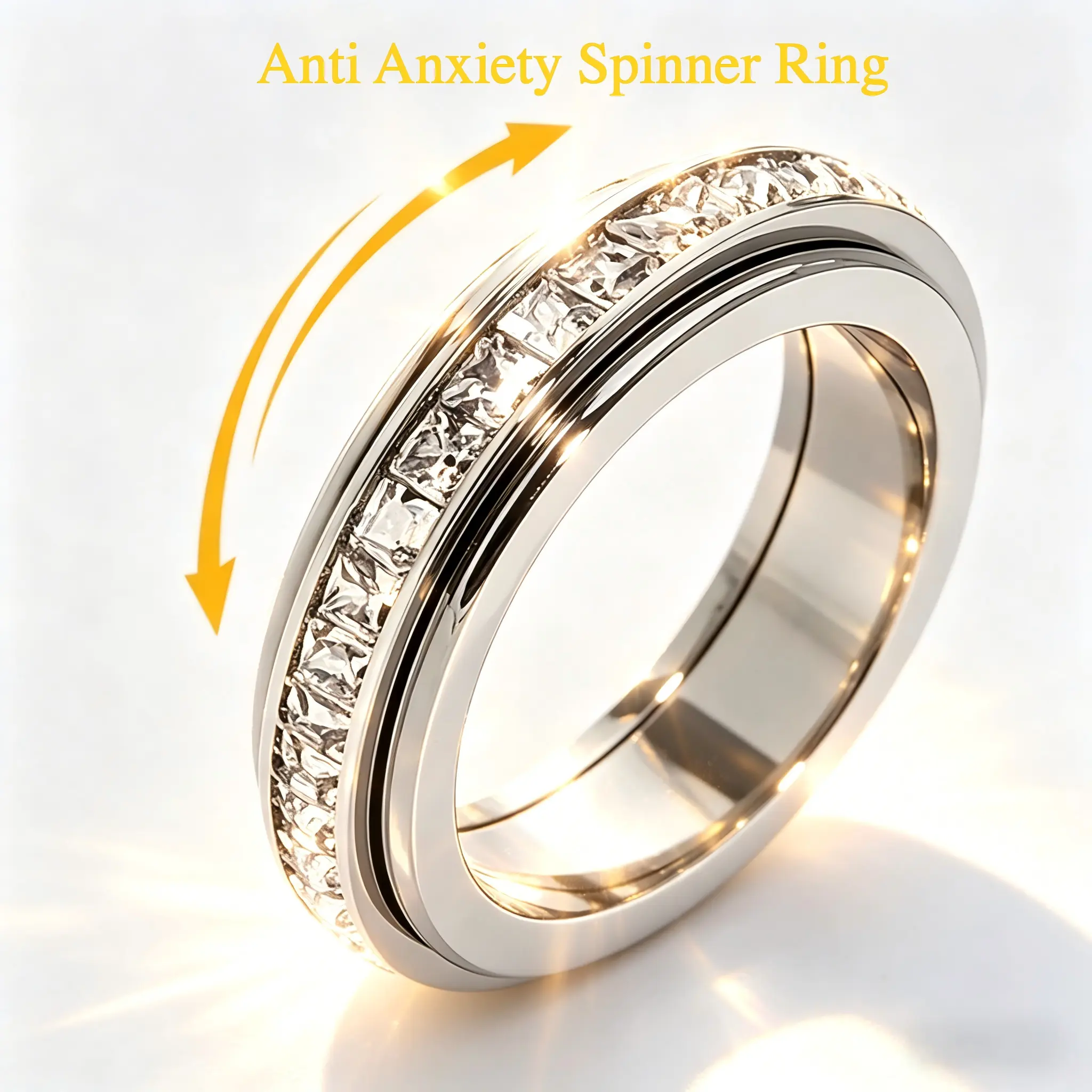 Anxiety Rings for Women and Men Titanium Steel Spinner Fidget Band Rings with Cubic Zirconia for Stress Relief and Wedding Promise Comfort Fit Size 6 to 10