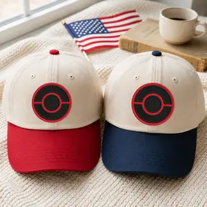 Retro Monster Catcher Inspired Embroidered Dad Hat – Red & Navy Vintage Snapback Cap – Anime Gaming Style Streetwear Baseball Hat Unisex