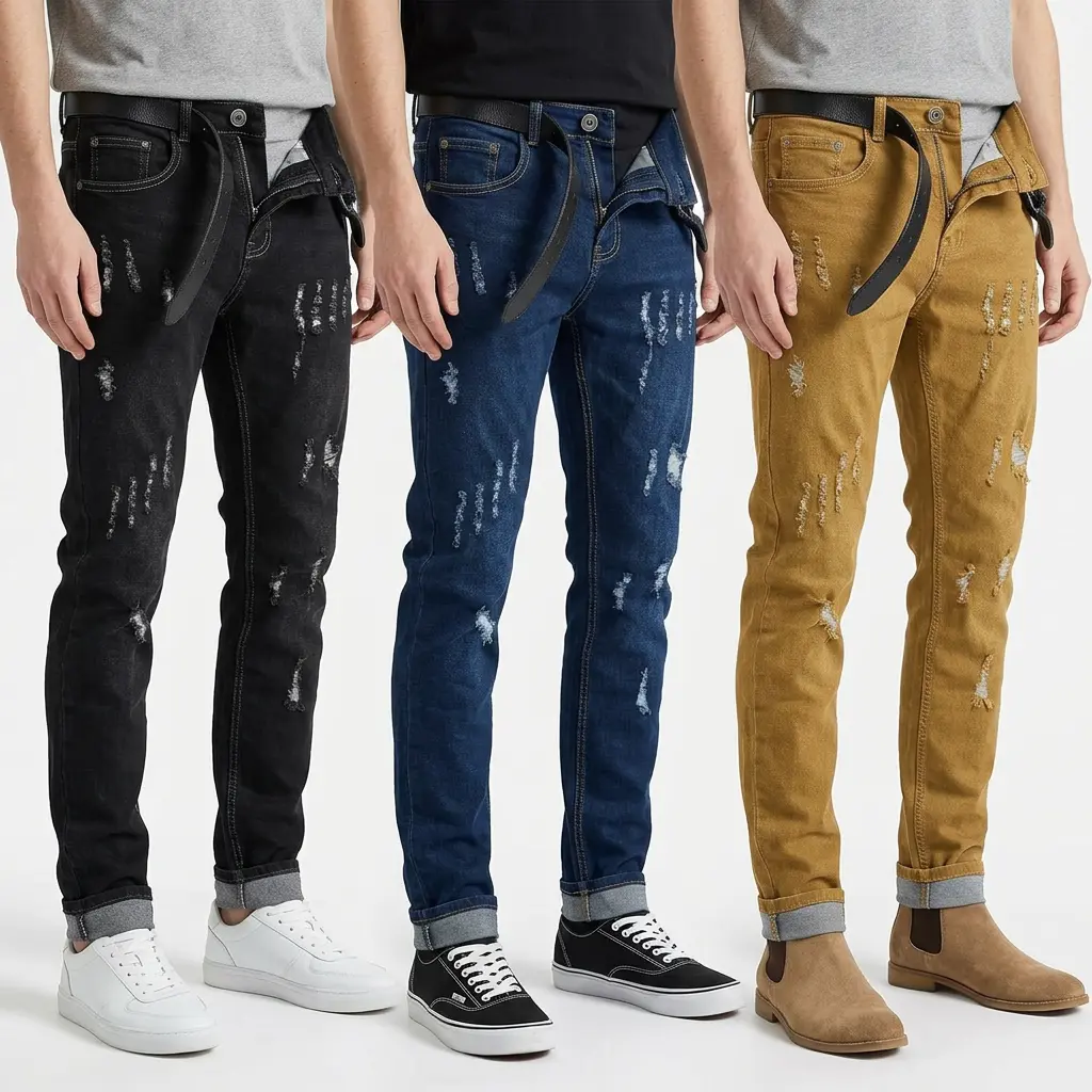 Men's Retro Street Style Jeans, 3-Pack Slim-Fit Ripped Plain Denim for Casual All-Seasons Wear
