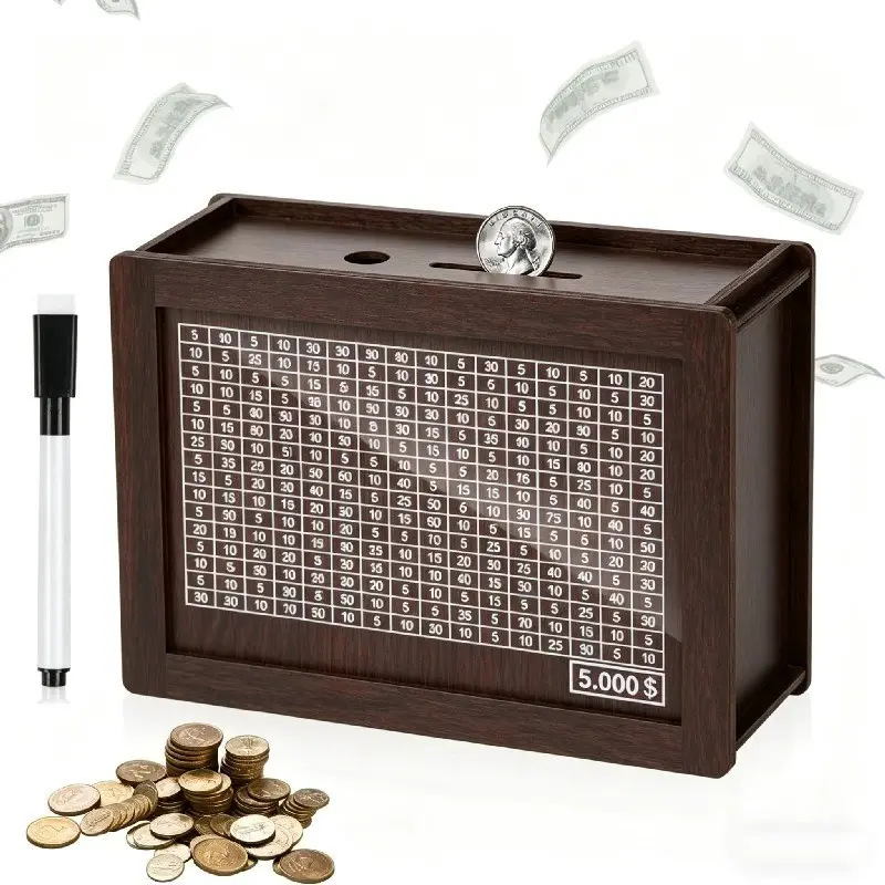 5000/10000 Savings Challenge Box, Wooden Money Box for Adults and Kids, Cash Safe Savings Box, Piggy Bank, Expense Record Box, Coin Storage, Money Storage Jar