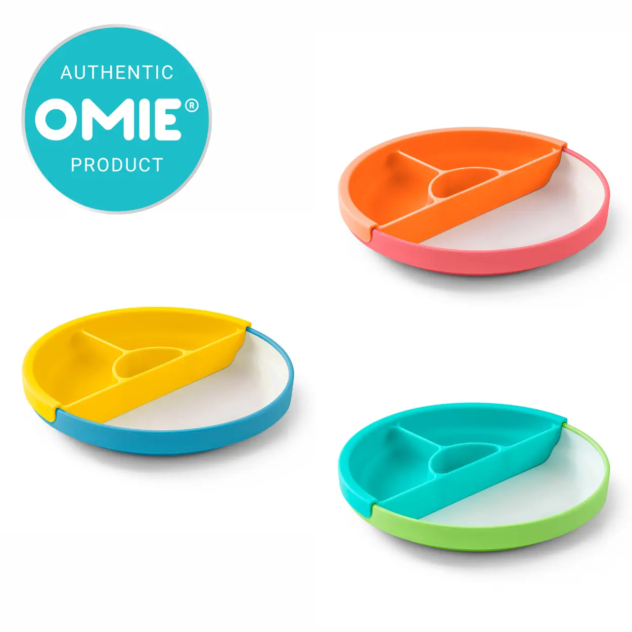 Omie Easy Scoop Toddler Divided Plate Set - 7.5" Dia. BPA-Free Plant-Based Plastic Plate, 1 Silicone Divider (Removable), Spill-Proof Design (TTS) for Baby Food, Feeding & Family Meals