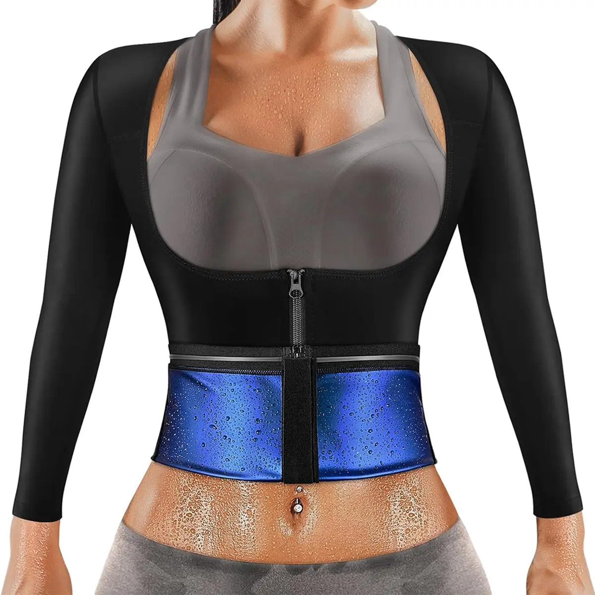 Women's Long Sleeve Zip-Up Sauna Top, Compression Waist Trainer for Tummy Control and Body Contouring, Ideal for Sports Workout and Running, Yoga, U Neckline Shirts, Sport Outerwear, Waist Training, Slim Tummy Aid