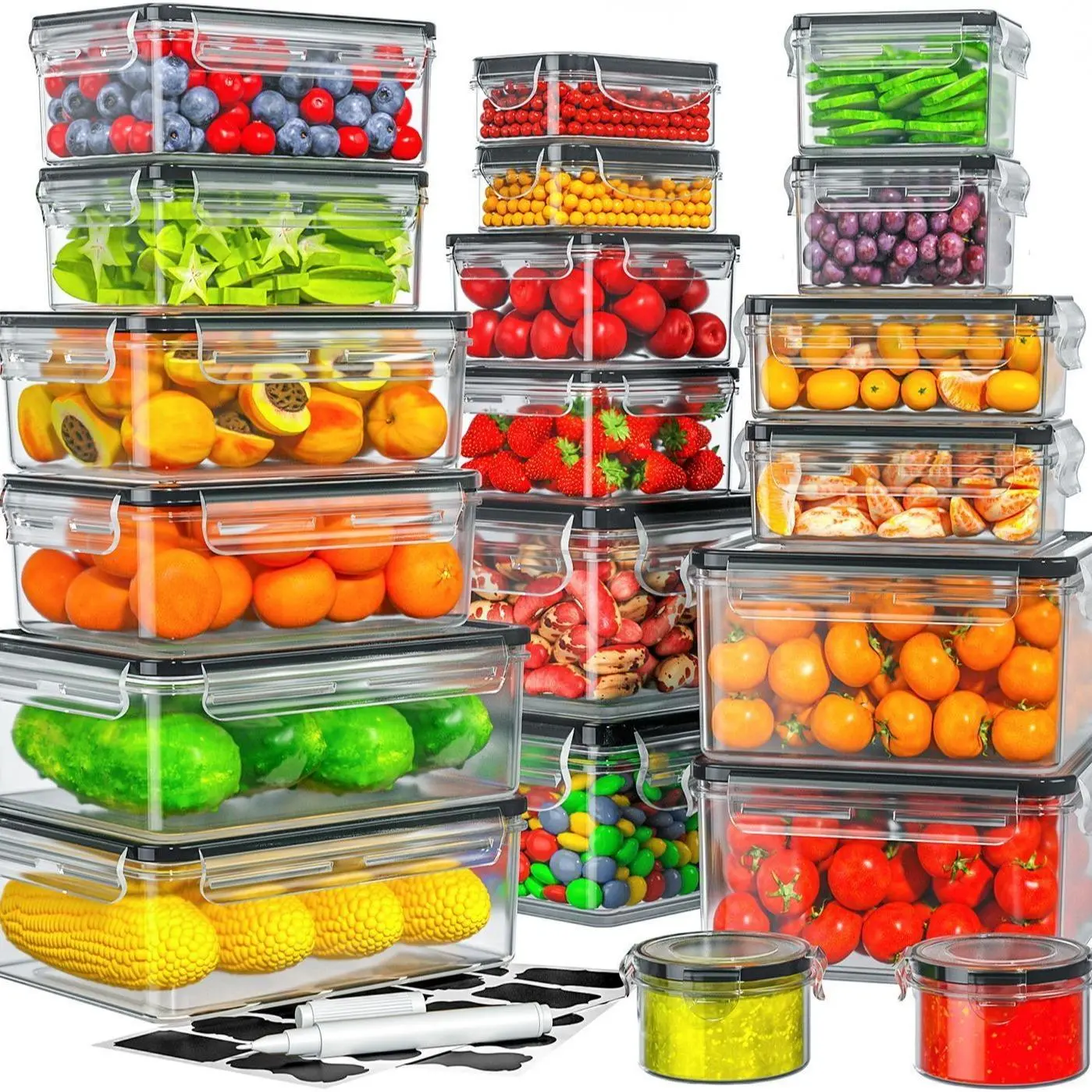 AISOON Reusable BPA-Free Plastic Airtight Food Storage Containers Set (40 PCS: 20 Square/Round/Rectangular, 20 Lids, 85Oz) - Leak-Proof, Stackable Lunch Container, Washable, Freezable, Microwave-Safe Kitchen Organization, Polypropylene, Fridge Organizatio