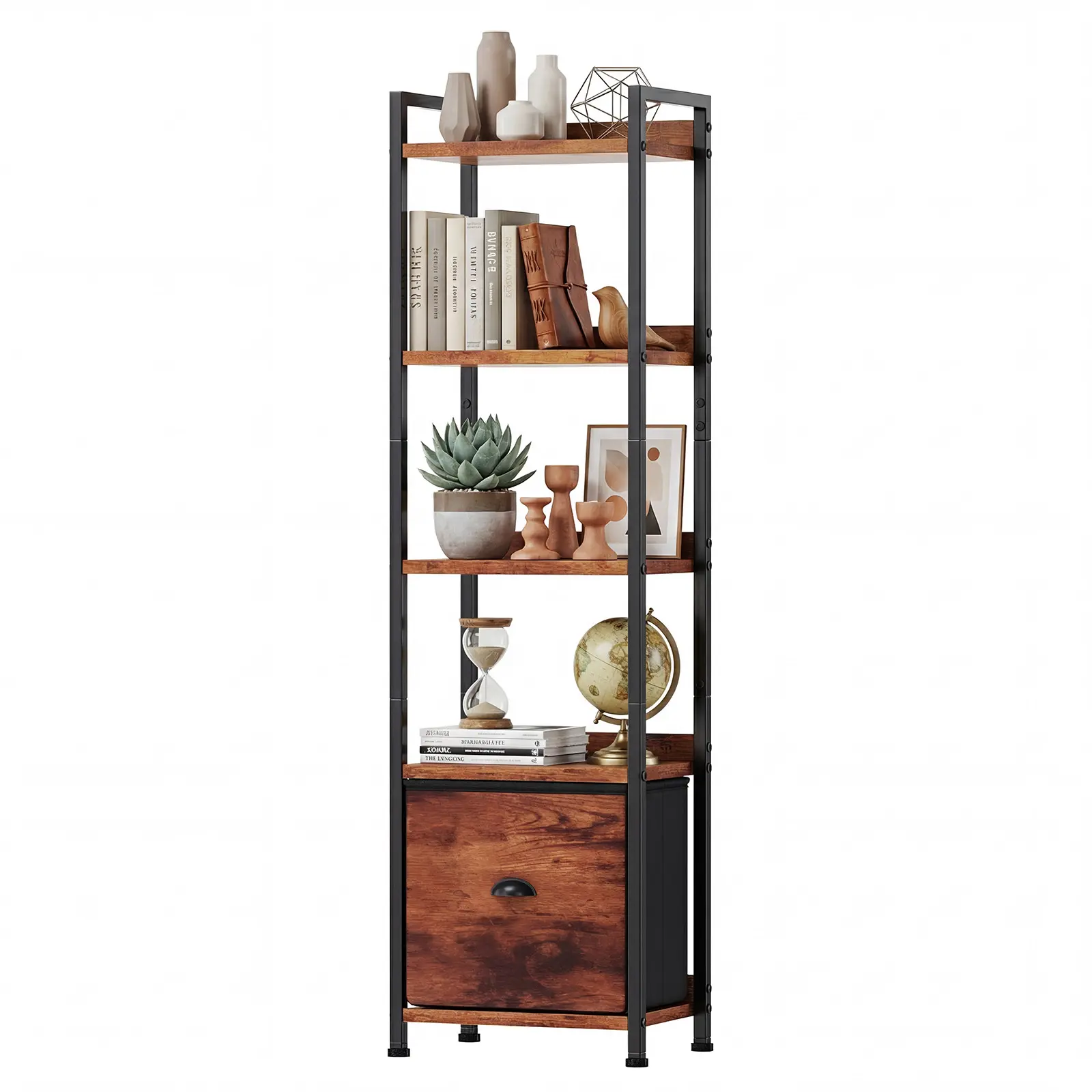 Modern Slim Bookshelf - Wood & Metal Tall Narrow Storage Shelf Unit with Fabric Drawer, Space-Saving Furniture for Room, Ideal for Living Room, Bedroom