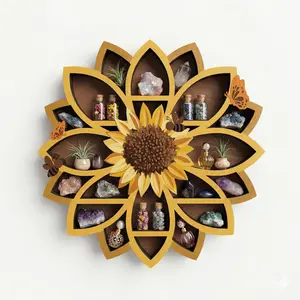FNYDOX Sunflower Gifts for Women, Sunflower Decor Wooden Wall Floating Shelves with Lifelike Flower & Bee Accents, Trinket Crystal Display Shelf Boho Decor for Home Bedroom Living Room, Birthday Gift for Her