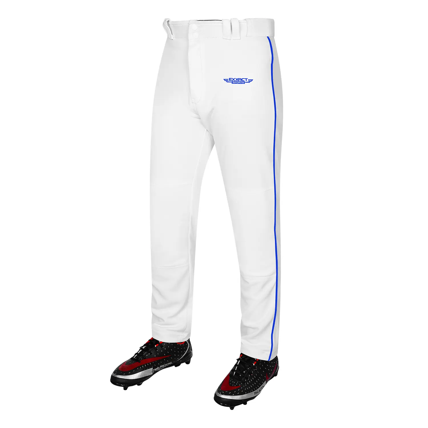 Exxact Sports Men's Full-Length Semi-Relaxed Fit Open-Bottom Baseball/Softball Pants - White-Royal Piping, Elastic Waistband, Belt, Zipper Closure, Breathable, Lightweight, Quick Dry, Moisture-Wick Polyester Knit, Machine Washable