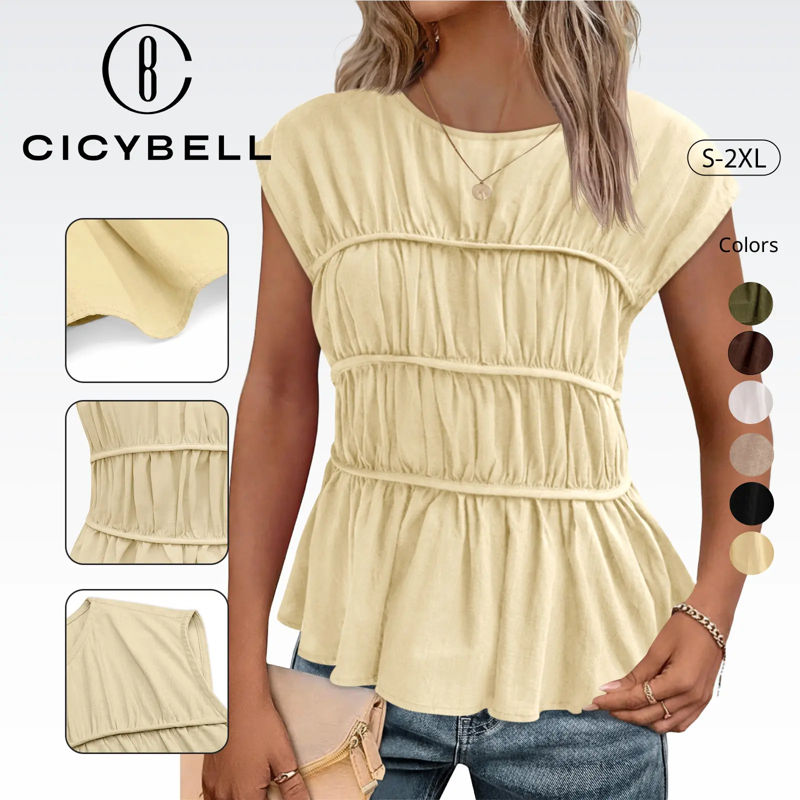 Cicy Bell Womens Cap Sleeve Peplum Tank Tops Summer Babydoll Smocked Cotton Shirts Casual Crew Neck Pleated Blouse