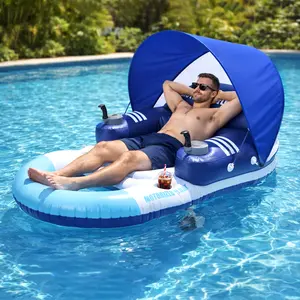 Motorized Pool Float with Canopy, Rechargeable Motorized Floats with Cup Holder – Dual Motor Heavy Duty Electric Lounger Raft for Adults, Pool, Lake & Party，inflatable pool raft