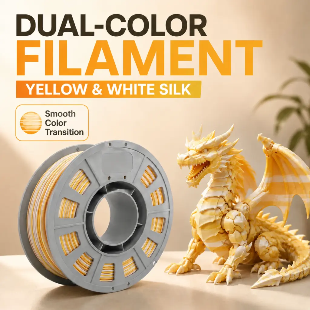 Dual-Color Magic Coextrusion Silk PLA Filament - Yellow & White, 1.75mm, 300g Mini-Spool, 0.03mm Precise Dimensional Accuracy, Eco-Friendly High-Gloss, Easy to Print, Excellent Layer Adhesion 3D Printing Supplies for Figures & FDM 3D Printers