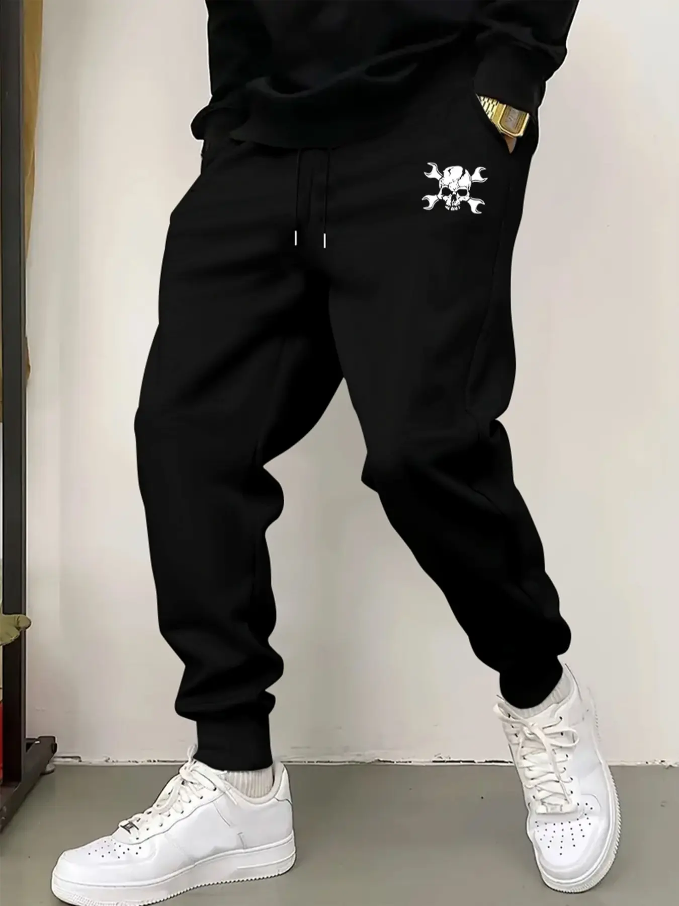 Men's Drawstring Waist Joggers Pants, Casual Fitted Thick Fabric, Skull & Crossbones Print, Fall Winter Sports Wear