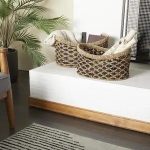 Set of 2 Brown Seagrass Handmade Two Toned Decorative and Functional Storage Basket with Handles