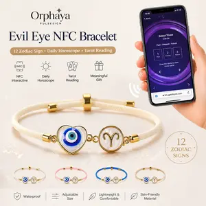 NFC Zodiac Bracelet with Interactive 3-Card Tarot Spread & Daily Fortune Access (With 4 Interchangeable Cords) - Heart Evil Eye Spiritual Talisman, Adjustable Waterproof Bracelet for Meditation & Daily Divination Ritual