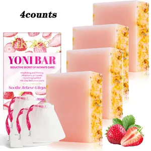 IKZEE Yoni Bar Strawberry Scented Soap, 4 Boxes, 100g/box, Each Box Comes with A Foaming Net, Moisturizing, Gentle Care, Light Strawberry Fragrance, Bath Cleansing Soap, Skin Looks Refreshed, Suitable for Face and Body