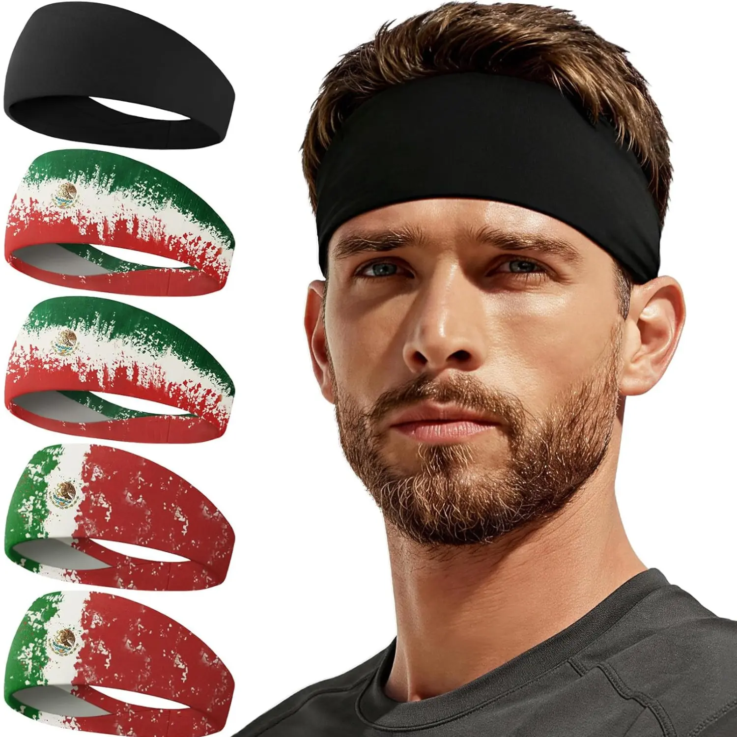 5-Pack Mexico Flag Print Pattern Sports Headbands for Fans & Adults, Non-Slip Breathable Moisture-Wick Nylon-Spandex, 1-Size, Hand Wash Only, Ideal for Watch Party & Outdoor Wear, One Size