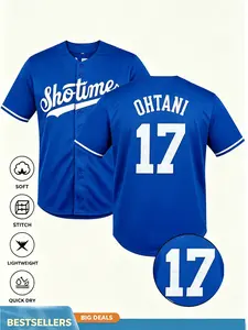 Men's Ohtani Baseball Jersey, Sports Wear, NO 17 Sporty Short Sleeve, Button Front Design, Loose-Fitting, Quick-Dry, Spring & Fall, High-Quality Experience