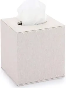Square Linen Tissue Box Cover - Stylish Cube Tissue Box Holder with Magnetic Bottom, Decorative Tissue Box for Vanity Toilet Tank Dresser Night Stand Table Countertop Office Car, Beige
