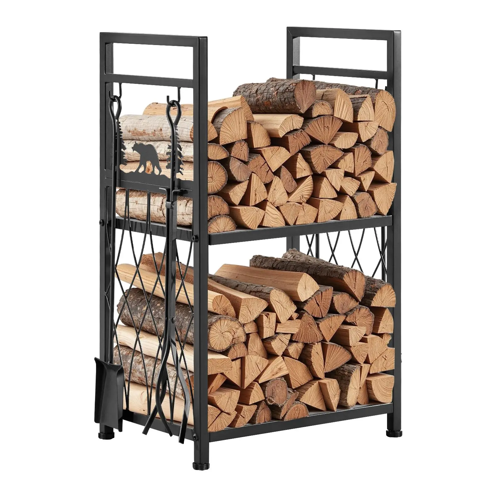 【SummerFinds】VEVOR Indoor Firewood Rack, 1.3 ft 2-Tier Firewood Holder with Fireplace Tools, Brush, Shovel, Poker, Tongs, Heavy Duty Log Wood Rack, 400 lbs Weight Capacity, Wood Pile Storage Stacker for Fire Pit