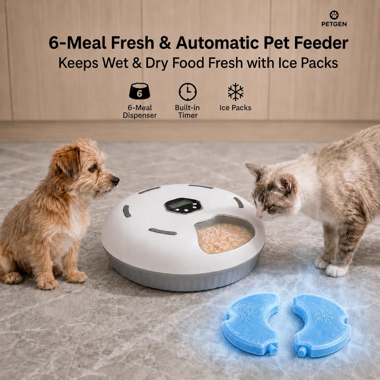 6-Meal Automatic Cat Feeder with Manual Timer, Battery-Powered Rotating Food Tray, Easy-Cleaning Wet & Dry Dispenser for Cats with 2 Ice Packs