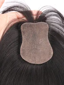 No Clip Human Hair Topper L-Hook Strong Grip Velcro Base 8x11cm Invisible Hair Topper Skin Like Hair Toppers Realistic Hairpart 25cm Mocha Brown 1B