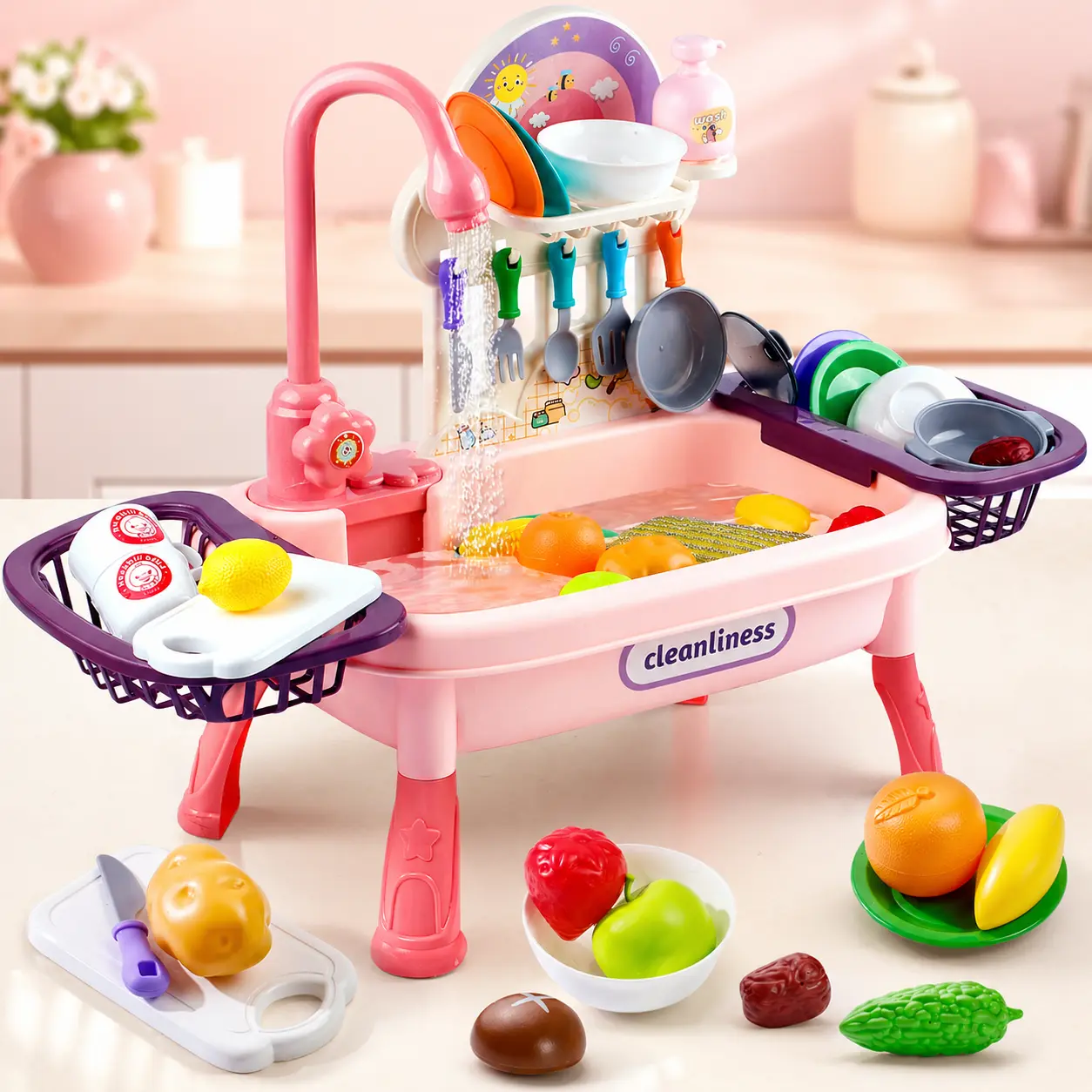 Kids Play Sink Toy with Running Water Faucet, Automatic Water Cycle Pretend Kitchen Sink Set with Play Dishes, Utensils, Play Food & Dish Drying Rack, Toddler Dishwashing Role Play Water Toy for Boys Girls
