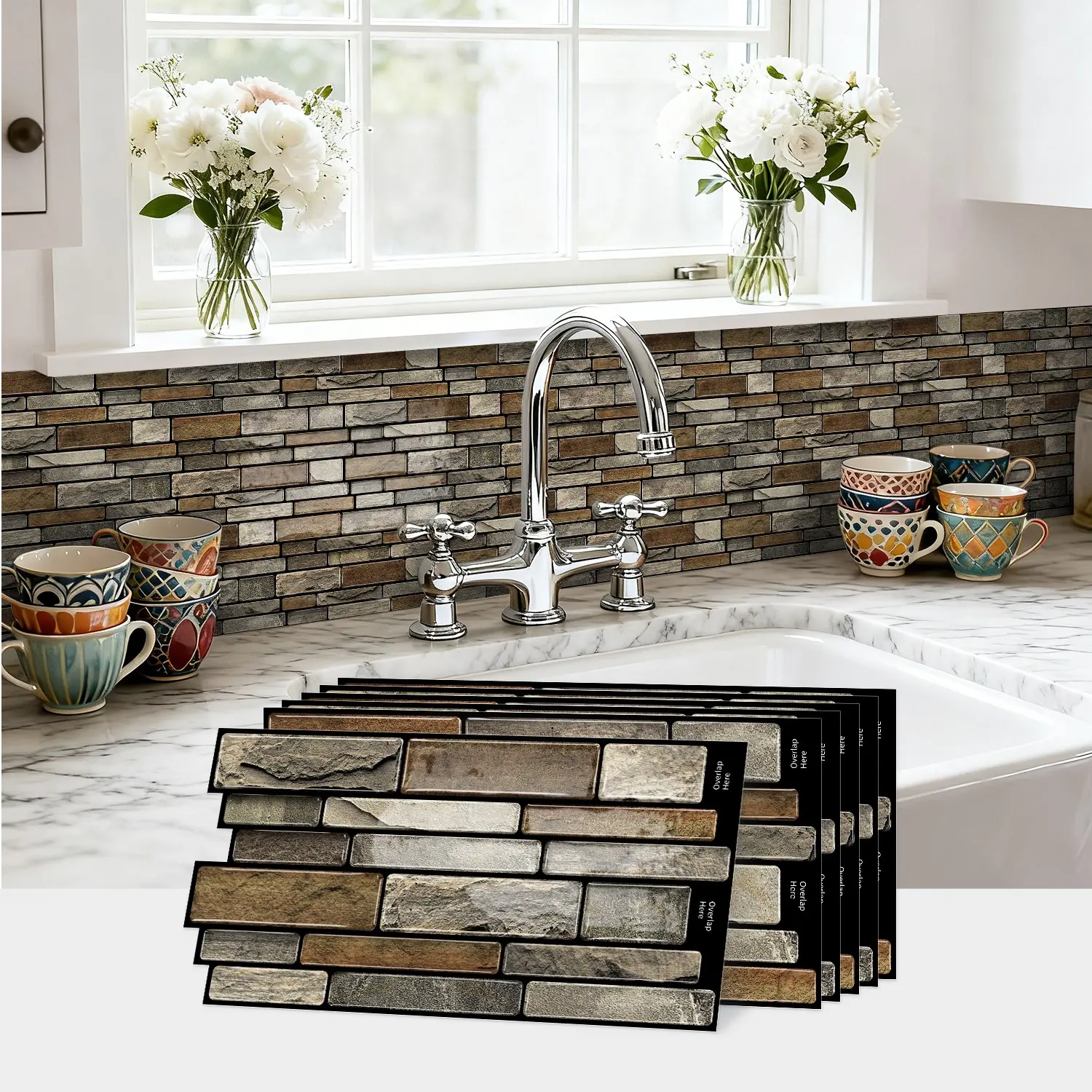 20 pieces of instant peel and stick splash guard artificial stone tiles wall sticker, 24.6 cm X 12 cm, easy to clean, your kitchen backsplash, fireplace, Self Adhesive Stickers