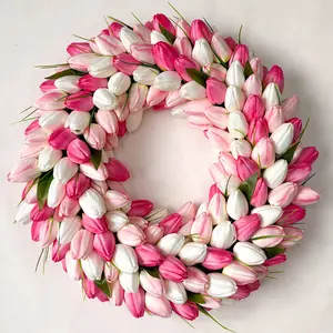 Tulip Wreath for Front Door, 20 Inch Tulip Spring Wreath with Green Leaves, Artificial Floral Door Wreath for All Seasons Wall Window Valentine Easter Home Decor (Pink)