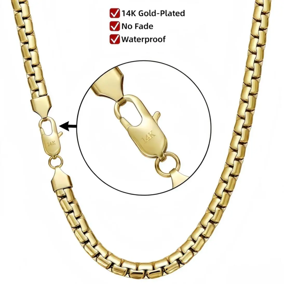 14K Gold Plated Miami Cuban Chain Necklace, Stainless Steel Unisex Jewelry for Men Women, Upgraded High Shine Tarnish-Free 7mm Chain, Available in 16in to 24 Inches