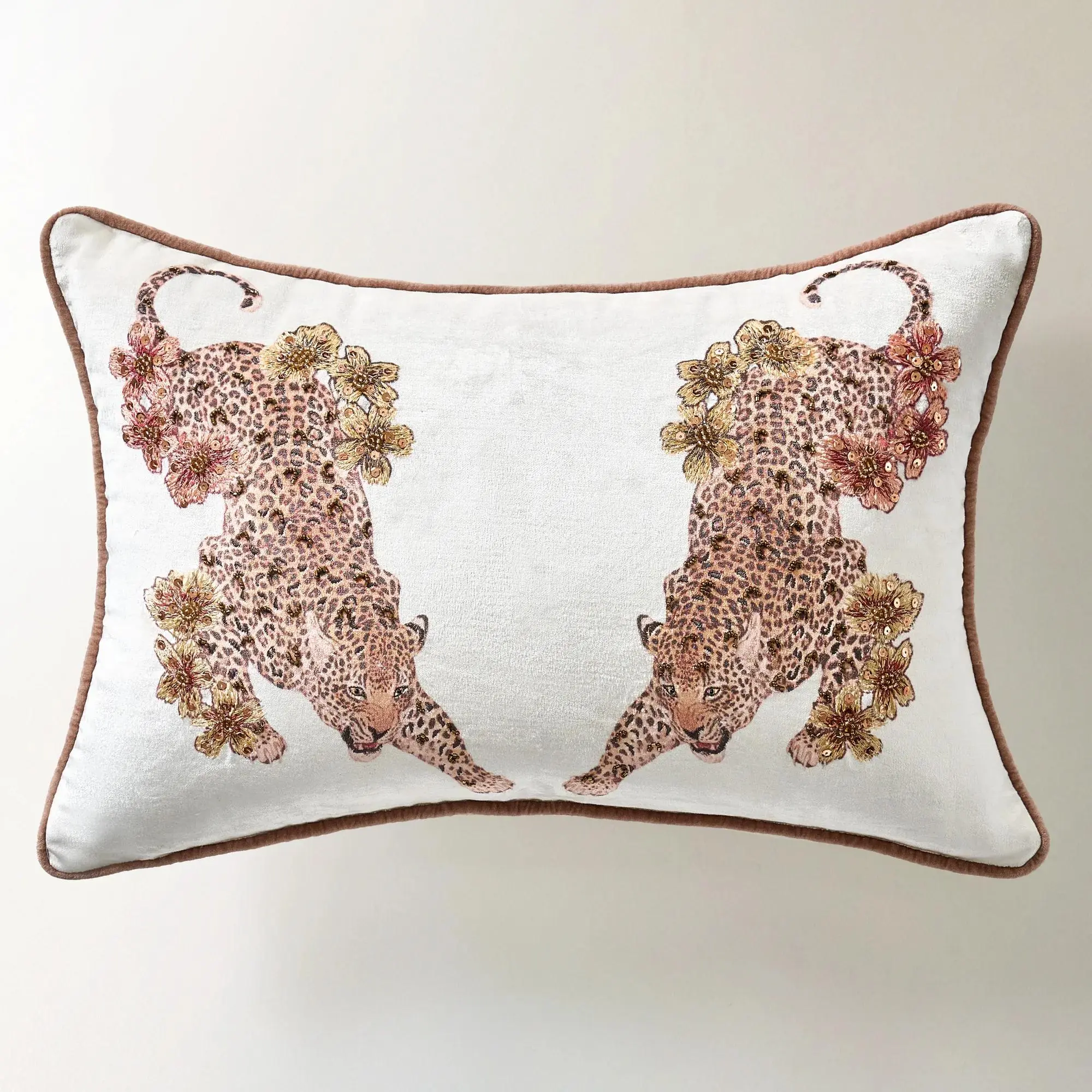 Z Gallerie Jaya Embroidered Animal Motif Bead Bolster Cushion, 20"x14" Fit, 5% Down Fill, 62% Rayon-Cotton Blend Fabric, Contrast Piping, Removable Cover