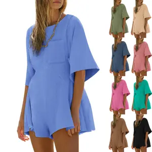 FMEYOA Rompers for Women 2025 Spring Outfits Summer Casual Short Sleeve Crew Neck Loose Jumpsuits with Pocket