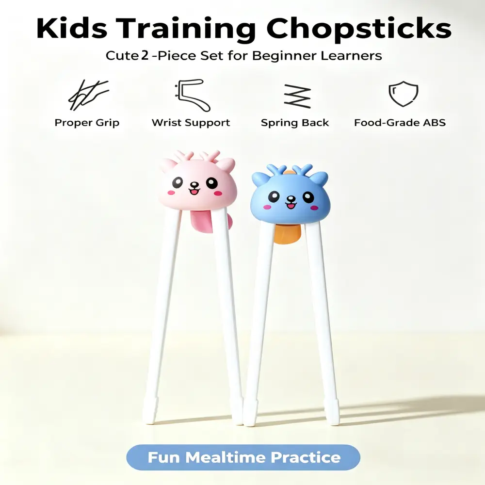 2 Pack Cute Deer Kids Training Chopsticks, Food Grade ABS Toddler Learning Chopsticks with Detachable TPE Palm Positioner, Auto Rebound 15° Spring Design, Non-Slip Serrated Tips, Anti-Drop Learning Utensils for 2-7 Years Old Boys Girls