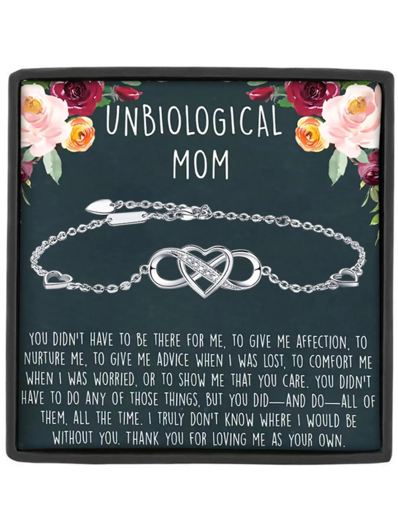 "Unbiological Mom" Infinity Heart Zirconia Bracelet with Card and Gift Box, Bonus Mom Gift, Step Mom Gift, Elegant Jewelry