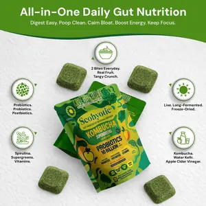 Scobyotic Daily Kombucha Bites – Freeze-Dried Superfood Supplement with Probiotics, Prebiotics & Postbiotics & Vitamins | Gut-Friendly Wellness Snack | 30 to 35 Count Bonbon