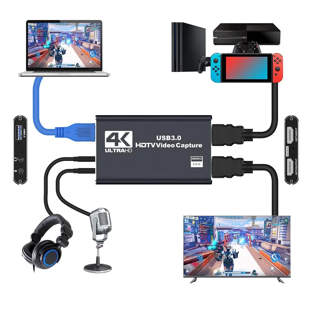 USB 3.0 4K HDMI-Compatible Capture Card 1080P 60Hz HD Video Recorder Grabber Gaming Capture Card for PS4/Xbox/PC Live Streaming, Game, Accessories
