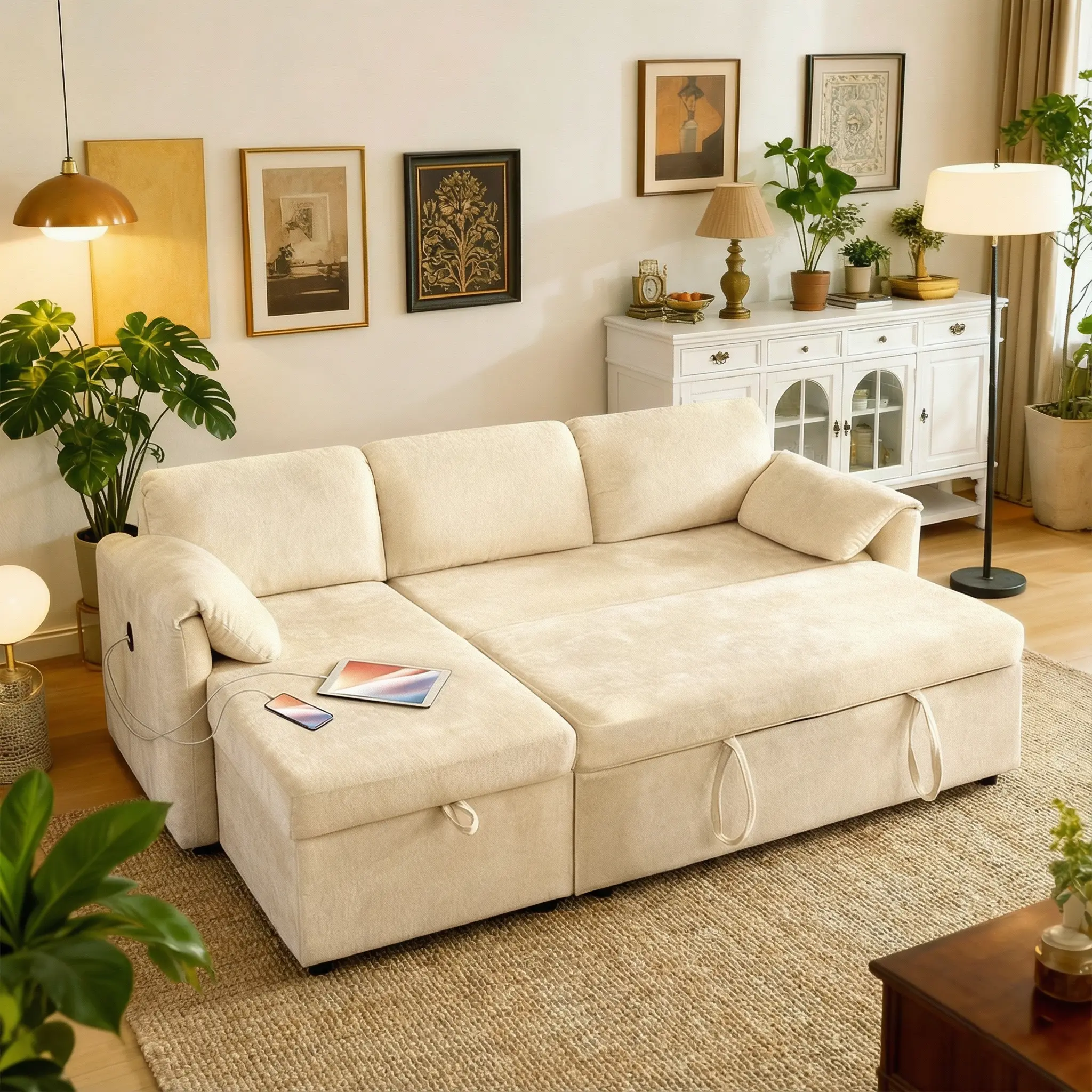 Tbfit 83" 3-in-1 Sleeper Sofa Bed – Pull Out Couch with Storage Chaise, USB Charging & Chenille Cloud Sofa, Beige, All-In-One Functional Sofas & Couches, Built-In Usb & Type-C Charging,dorm essentials,home decor