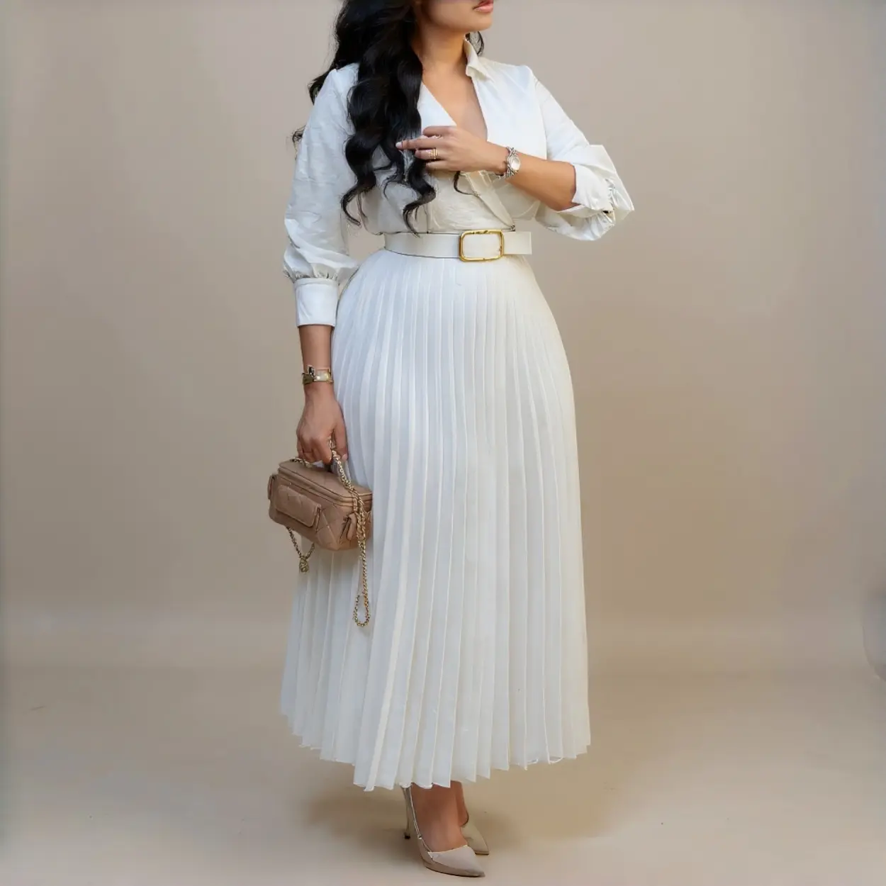 Women's Elegant Solid White Pleated Longsleeves V-Neck A-Line Dress - 2025 Spring Fall Premium Stretchy Breathable Fabric, Belted, for Church Formal Business Casual, Matching Chic Feminine Womenswear
