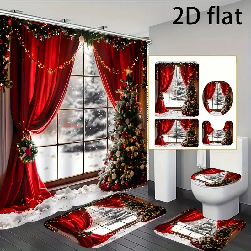 Christmas Window Scene Shower Curtain Set, Non-Slip Mat, U-Shaped Rug, Toilet Lid Cover, Perfect for Bathroom Decor, Includes 12 Hooks, Bathroom Decoration Accessories