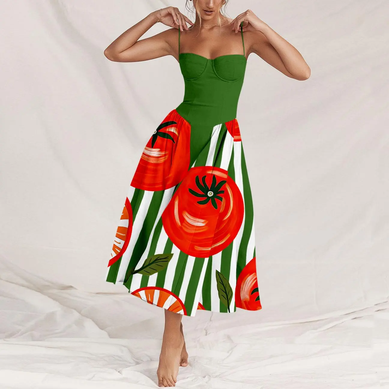 Women's Tomato Print Sling Dress, Rural Chic Striped Summer Dress, Lightweight Breathable Polyester with Fitted Bodice, Top