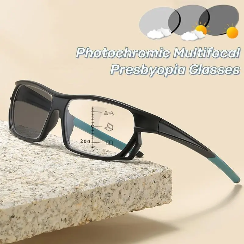 Sports Photochromic Multifocal Reading Glasses Blue Light Protection Glasses for Far and Near Distances HD Presbyopia Glasses