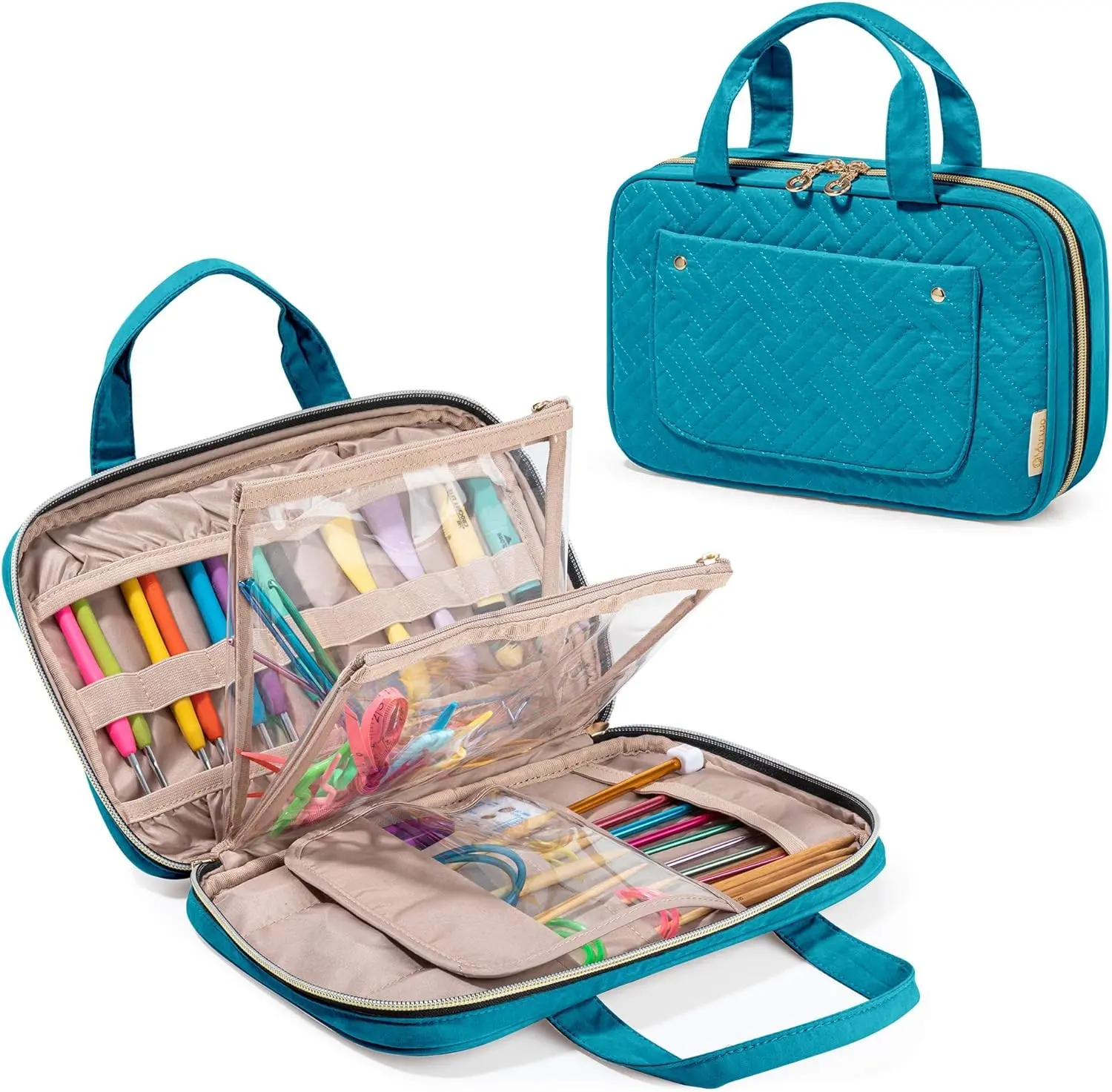 Yarwo Knitting Needles Case, Crochet Hooks Organizer with 2 Clear Pouches | Circular Needles Holder for Ergonomic Crochet Hook (up to 10.6") and Craft Yarn Kits, Top Handles, Bag Only, Teal Gift