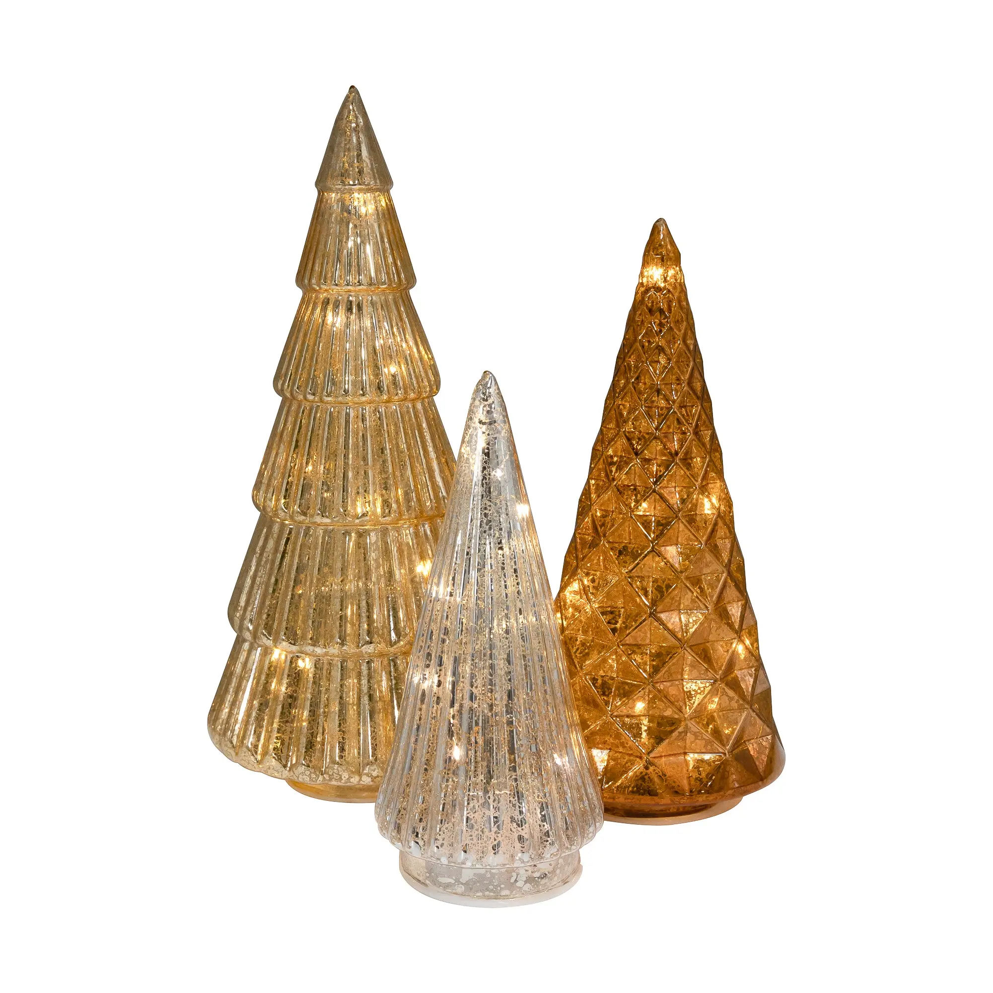 LumaBase Battery-Operated Gold, Copper & Silver Glass Fairy Trees (Set of 3) with Warm White LED Lights, Timer - Tabletop Indoor Lighting for Christmas Lighted Holiday Displays, Batteries Included for Party Decor Ornaments