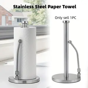 Stainless Steel Standing Paper Towel Holder with Adjustable Spring Arm, Weighted Non-Slip Base & Easy Tear Design, Paper Towel Dispenser for Kitchen Countertop & Bathroom