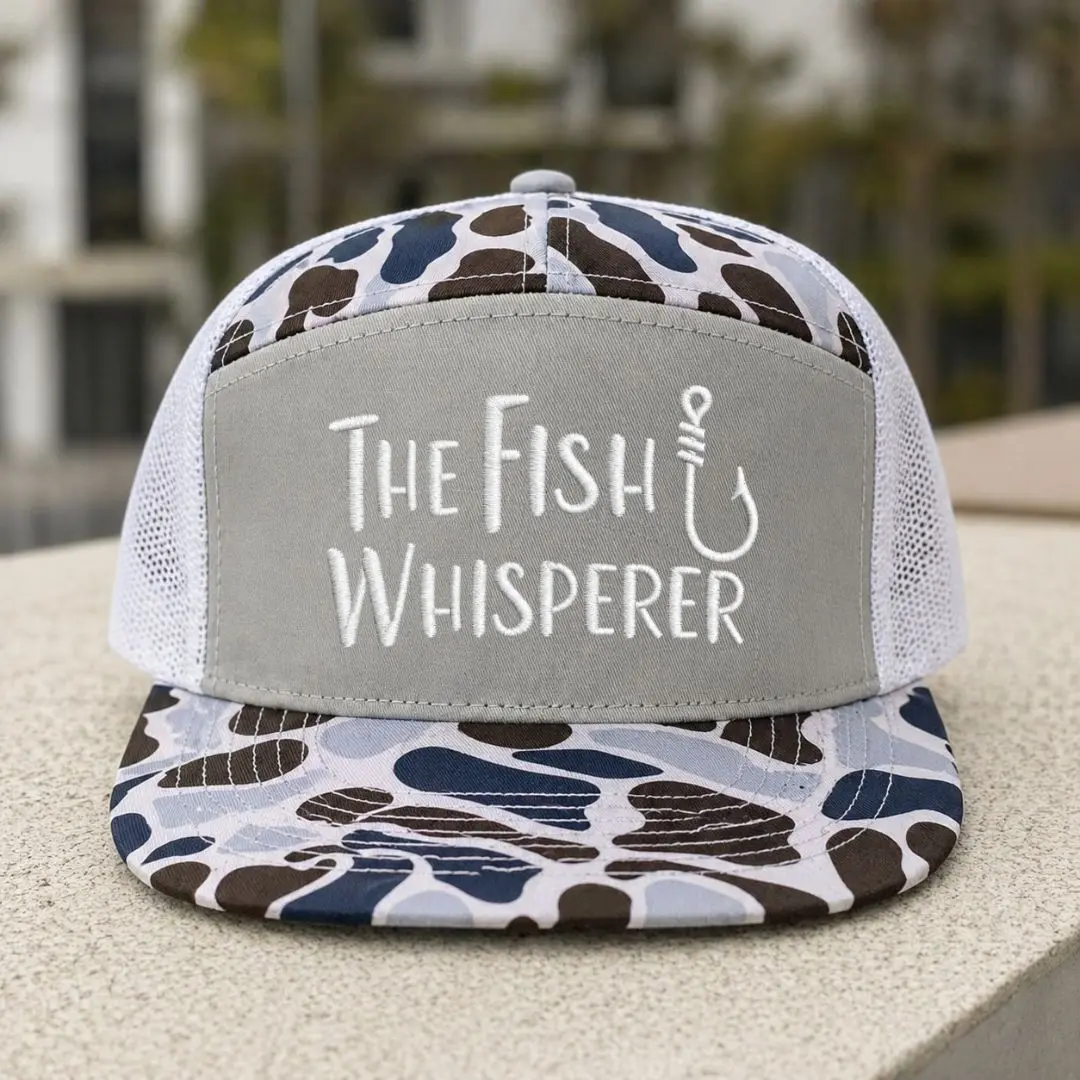 The Fish Whisperer Embroidered Duck Camo Trucker Hat | Fishing Snapback Mesh Cap | Adjustable Outdoor Hat for Men