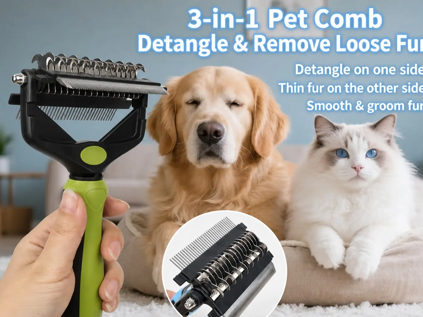Double-Sided Pet Grooming Brush, Undercoat Rake & Dematting Tool - Grooming Accessories, Fur Removal Tool - 90% Shedding Reduction - Skin-Gentle for Short & Long Hair Dogs & Cats,summervibes, Shedding Grooming Kit