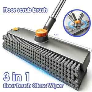 Multi-Purpose 3-in-1 Shower Cleaning Brush with Long Handle, Floor Scrub Brush & Scraper Broom for Home, Patio, Garage and Outdoor Use (Gray)