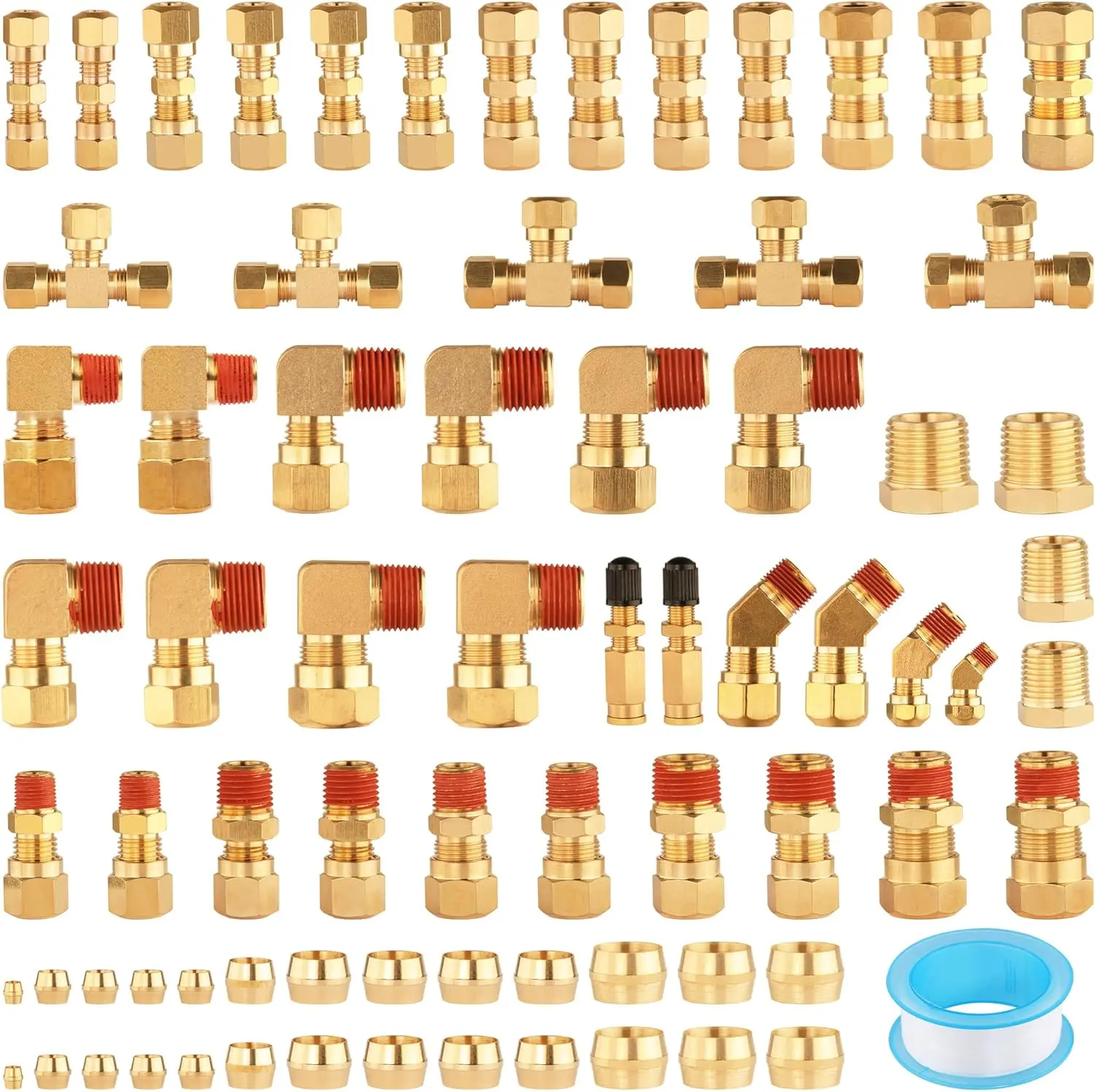 74-Count Brass Compression DOT Air Line Fittings Assortment Kit - 1/4",1/8",3/8",1/2",5/8" Inches, 10pcs 90°Elbows NPT Thread, Pre-Sealed Threaded Ends, 2Pcs Schrader Valve for Industrial Use, Lawn Mower Repair, Copper/Nylon Tubing